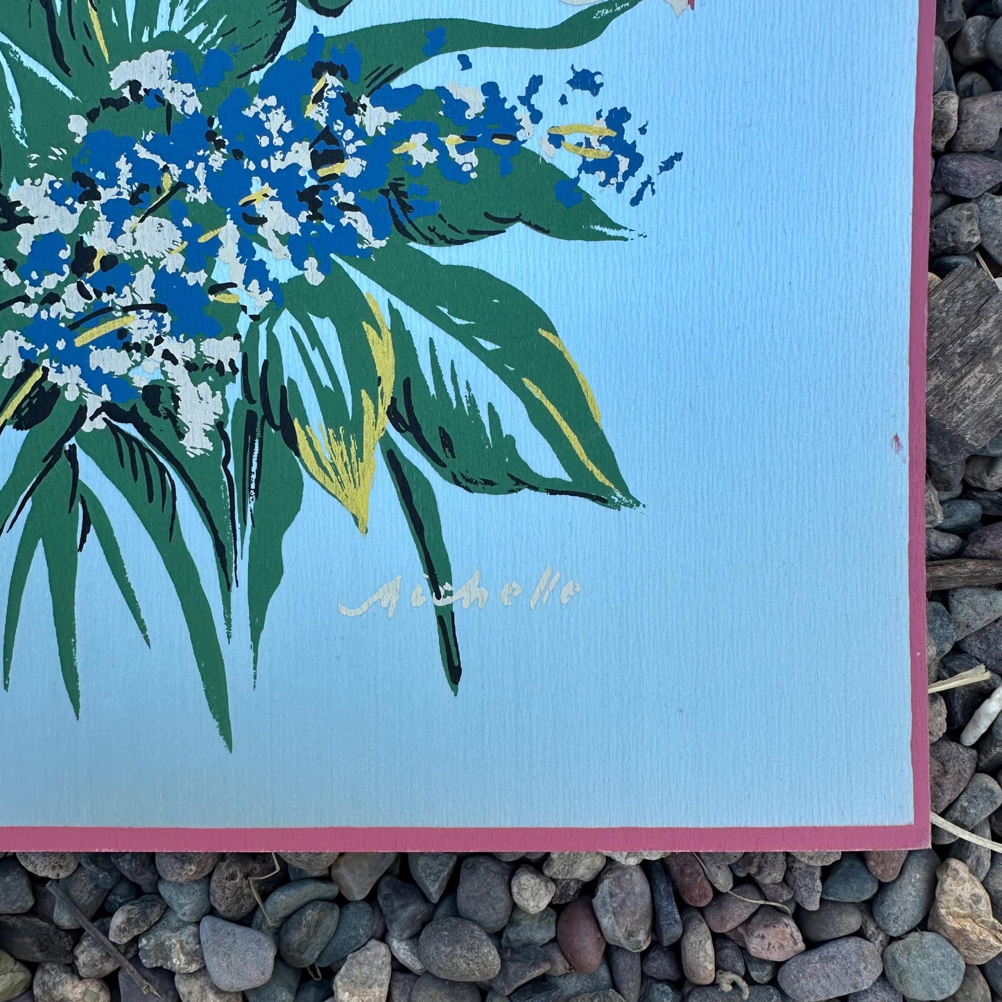 1940s Blue Large Floral Painting on Silk by Michelle