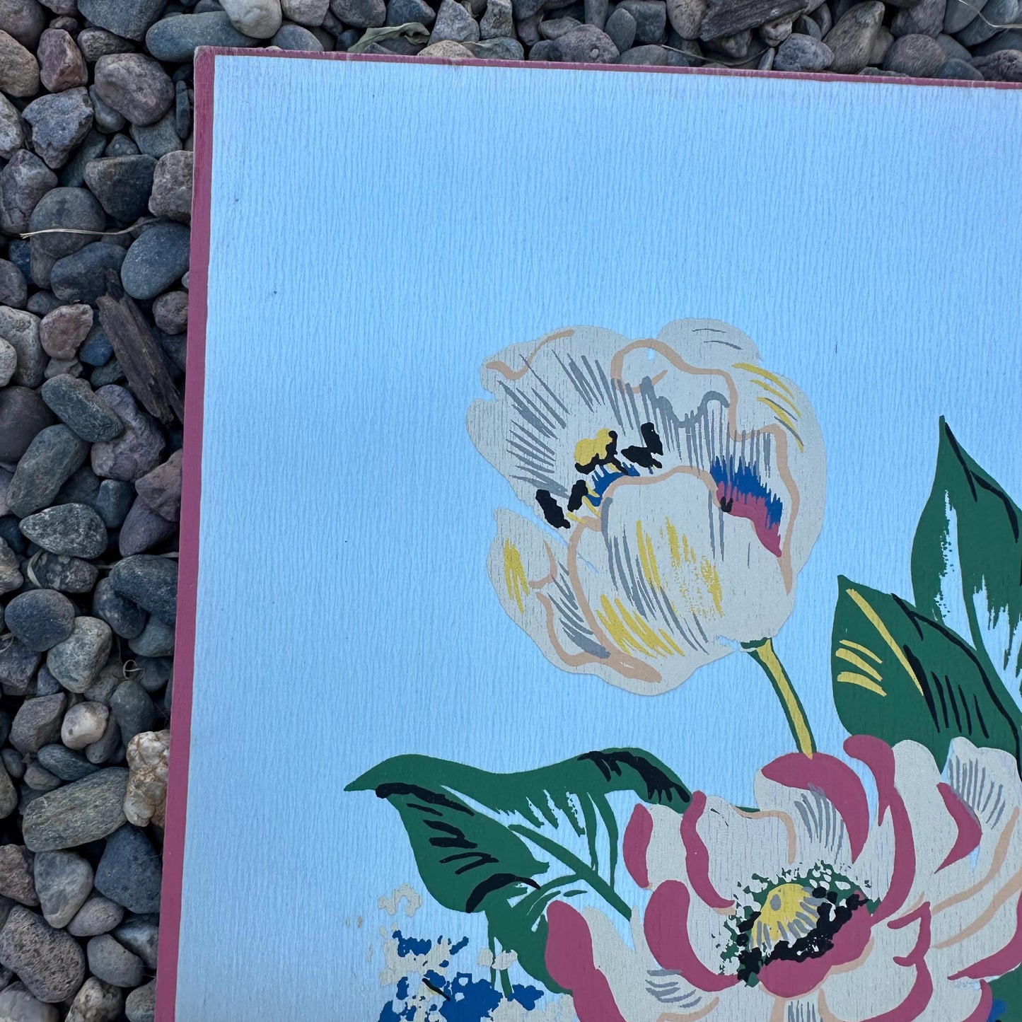 1940s Blue Large Floral Painting on Silk by Michelle
