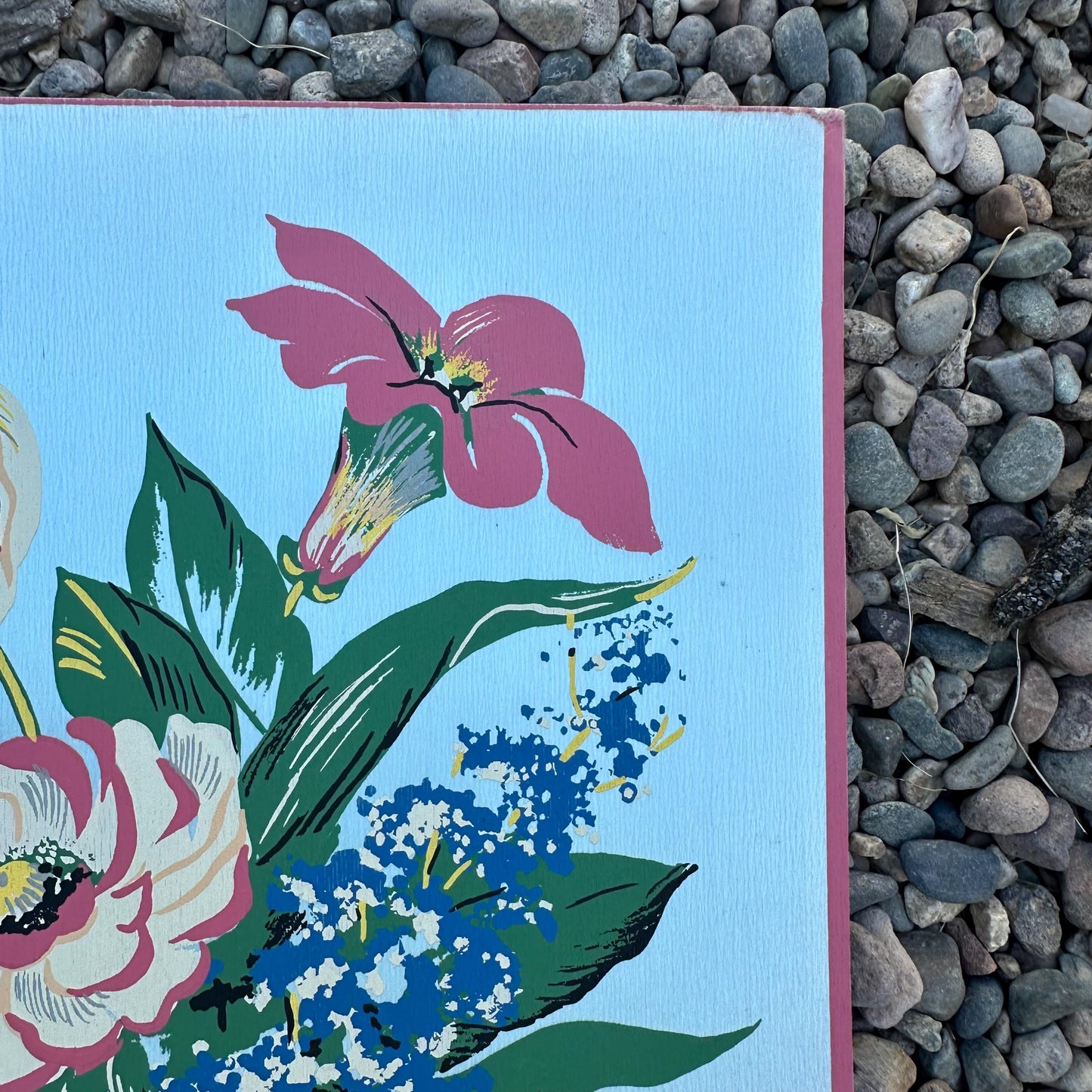 1940s Blue Large Floral Painting on Silk by Michelle