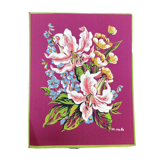 1940s Maroon Large Floral Painting on Silk by Michelle