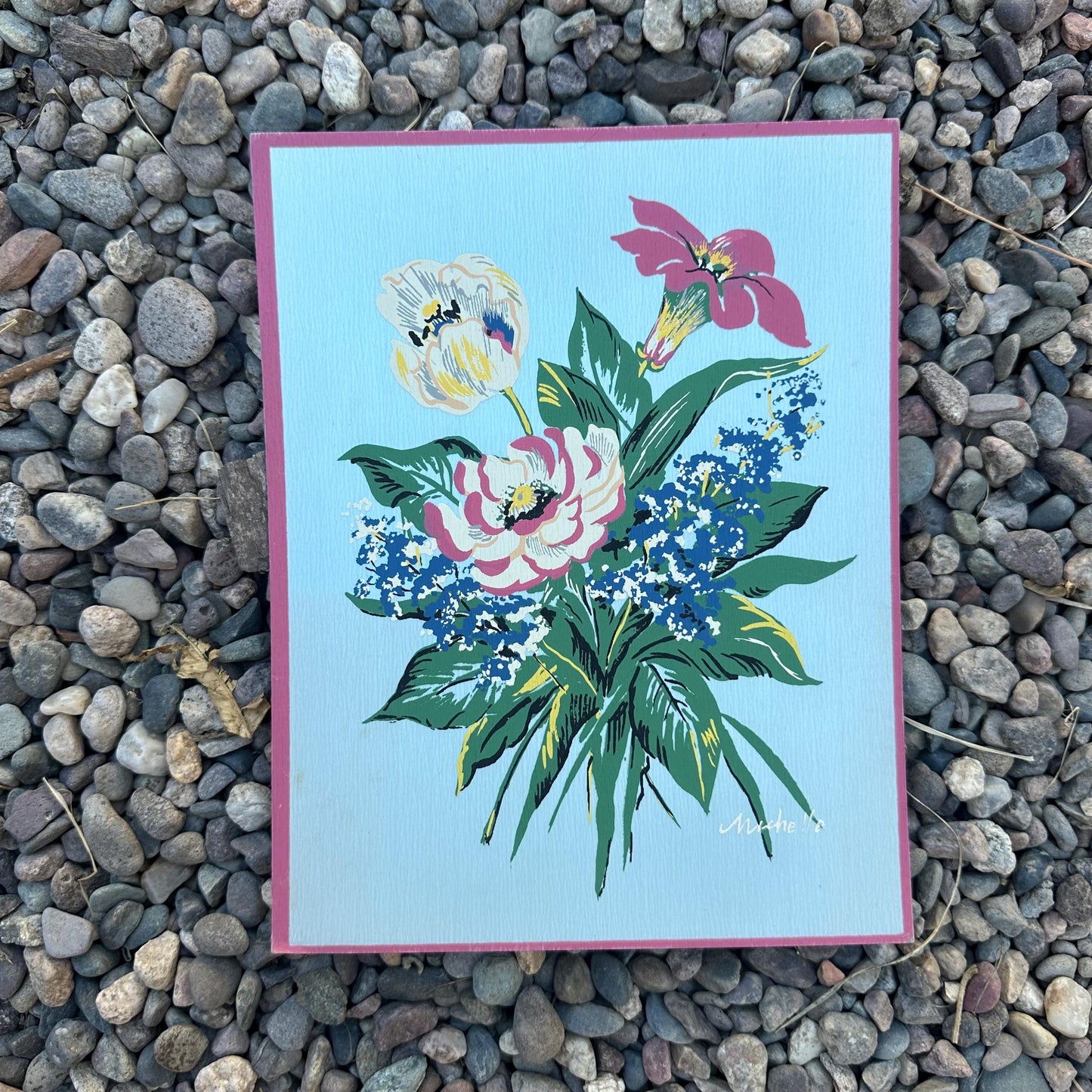 1940s Blue Small Floral Painting on Silk by Michelle