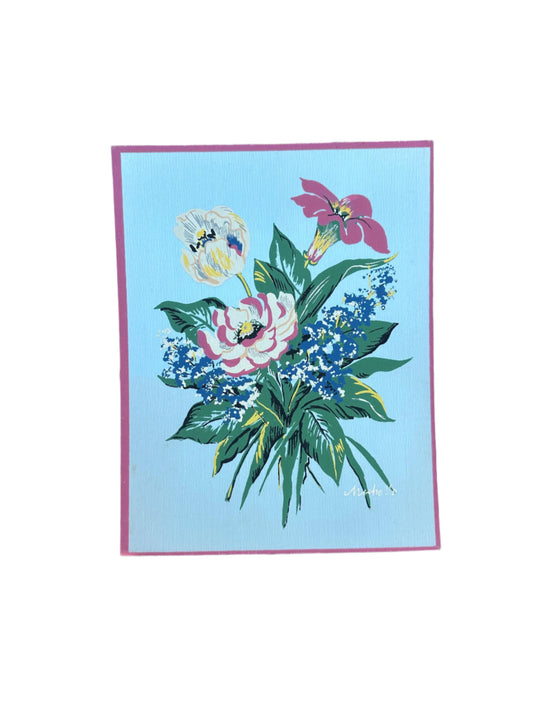 1940s Blue Small Floral Painting on Silk by Michelle