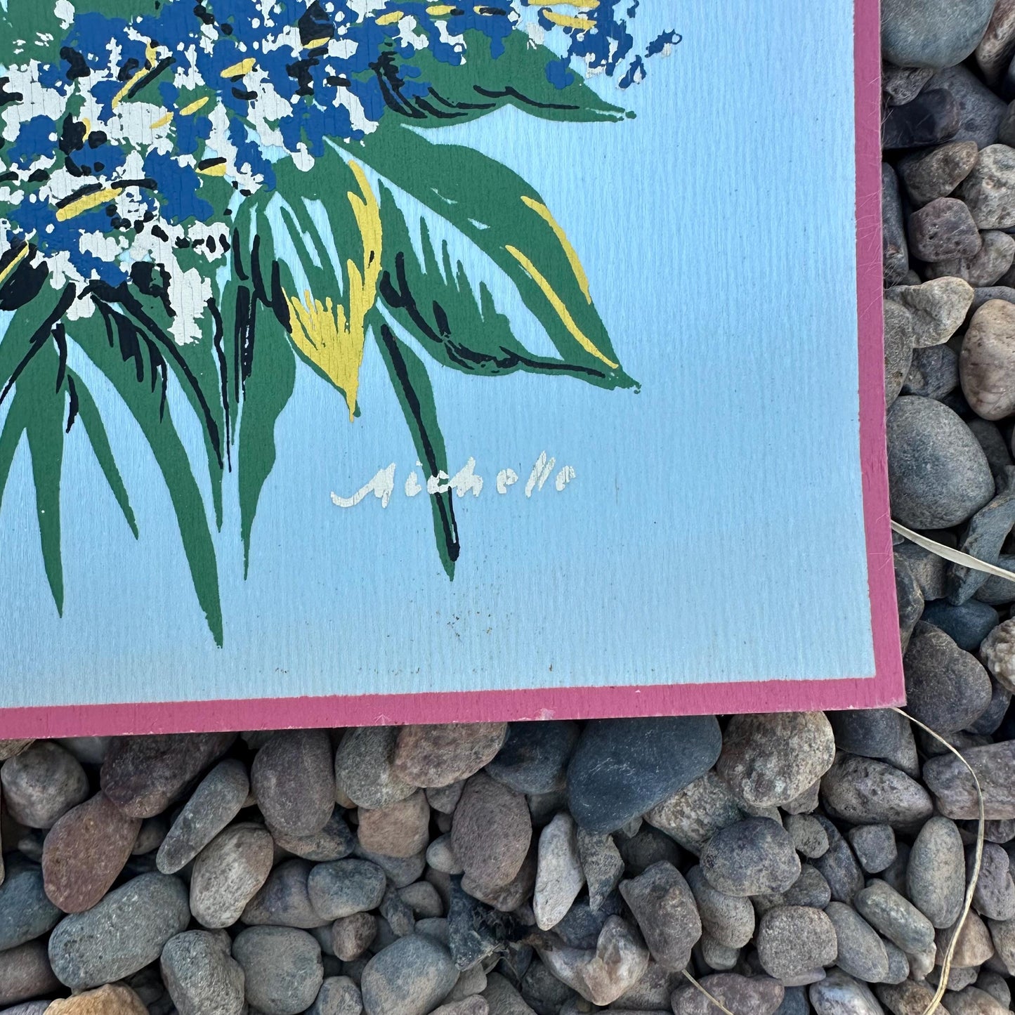1940s Blue Small Floral Painting on Silk by Michelle