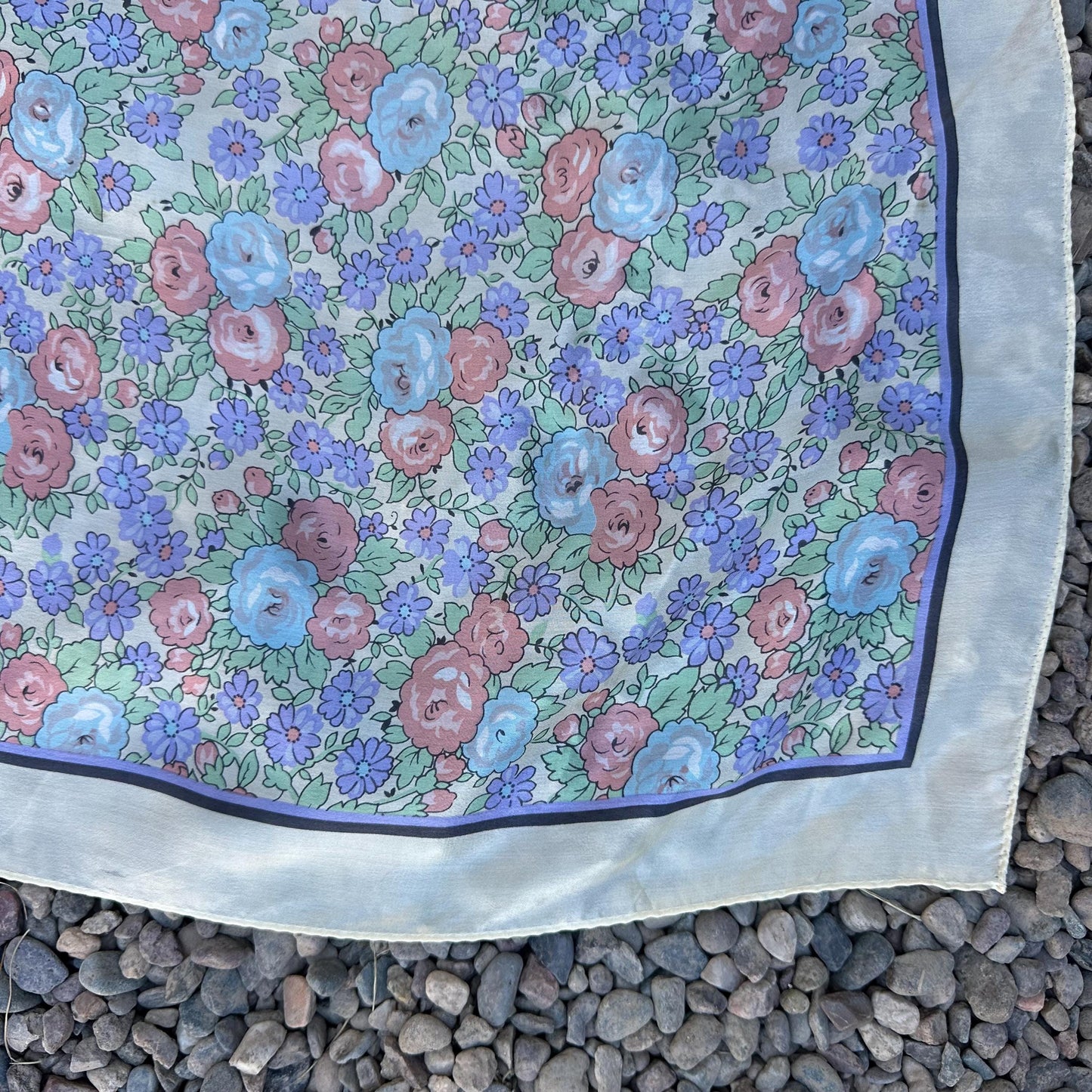 1960s Large Silk Pastel Floral Scarf with Border