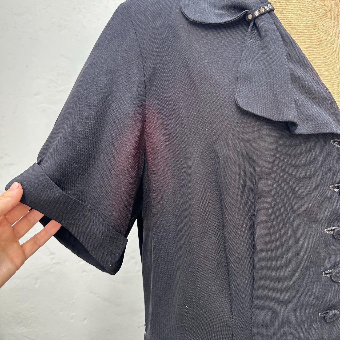 1940s Black Sheer Crepe Rayon Day Dress with Rhinestones XL