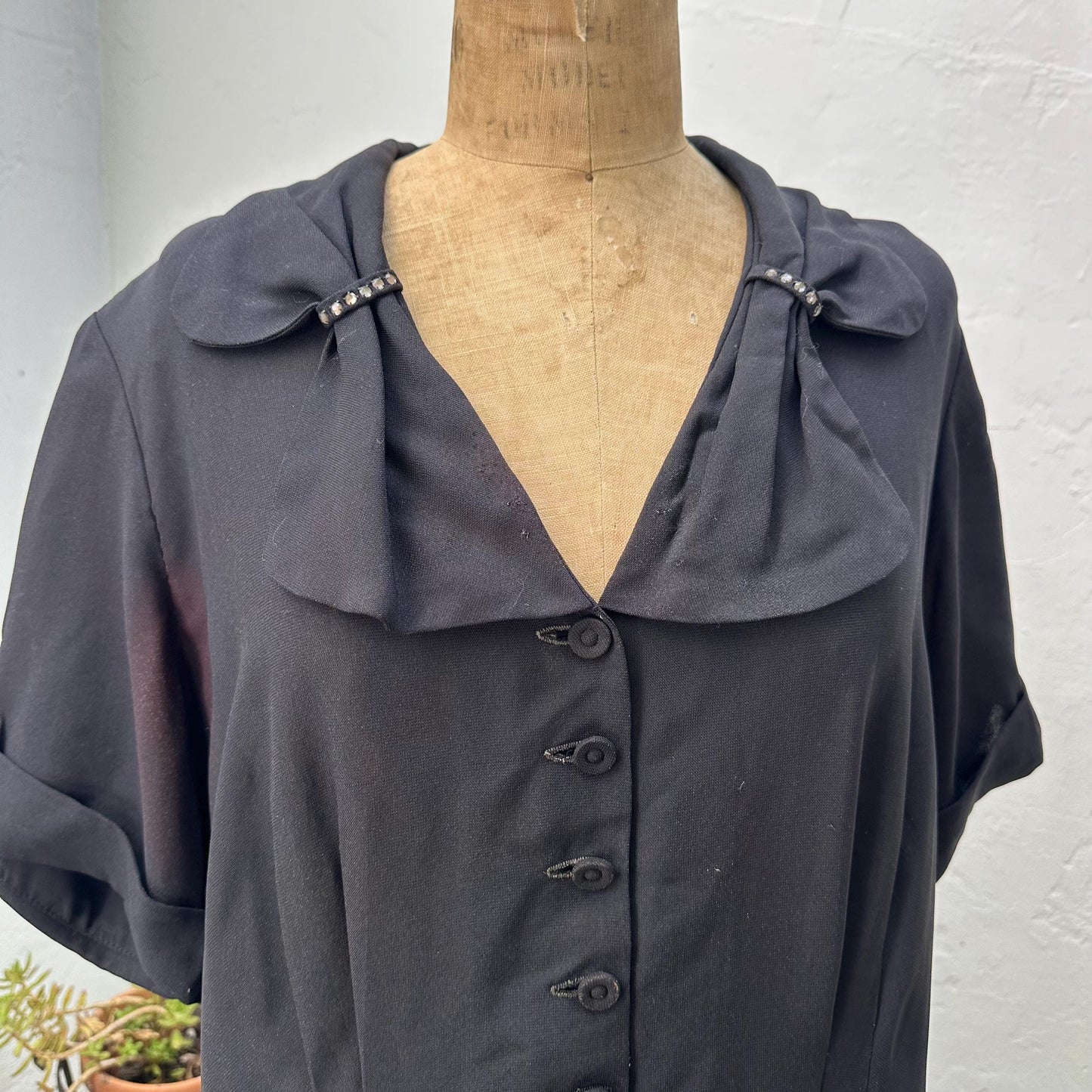 1940s Black Sheer Crepe Rayon Day Dress with Rhinestones XL