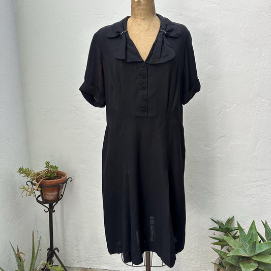 1940s Black Sheer Crepe Rayon Day Dress with Rhinestones XL
