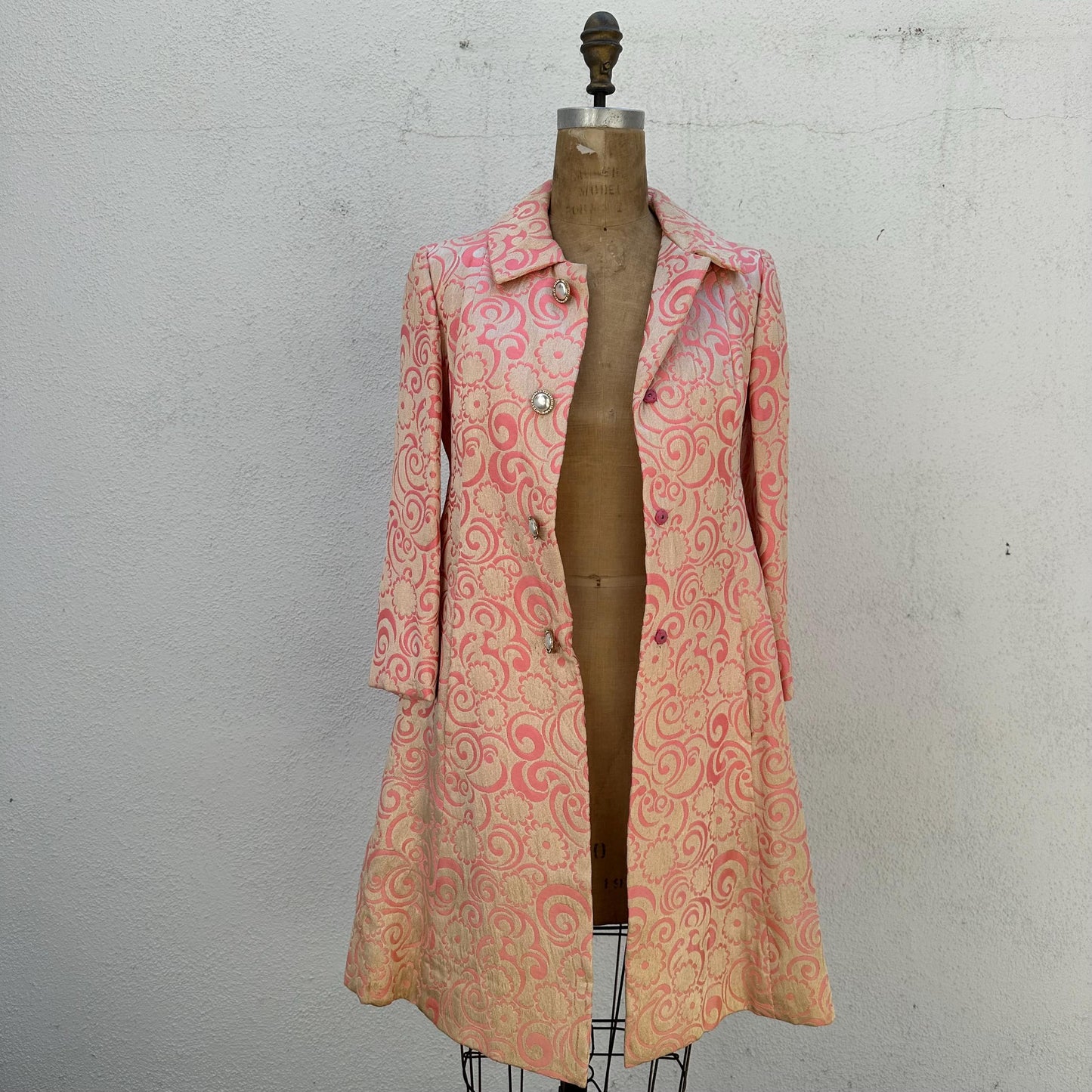 1960s Pink Gold Jacquard Quintero Coat with Jeweled Covered Buttons