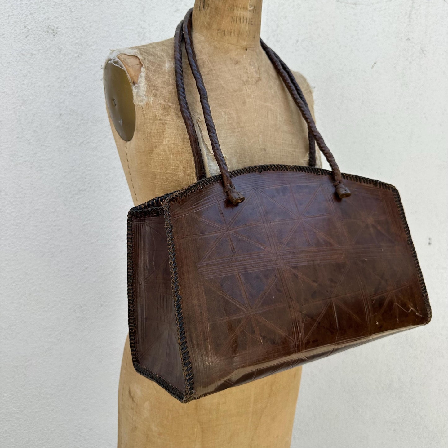 1970s Large Brown Tooled Leather Bag