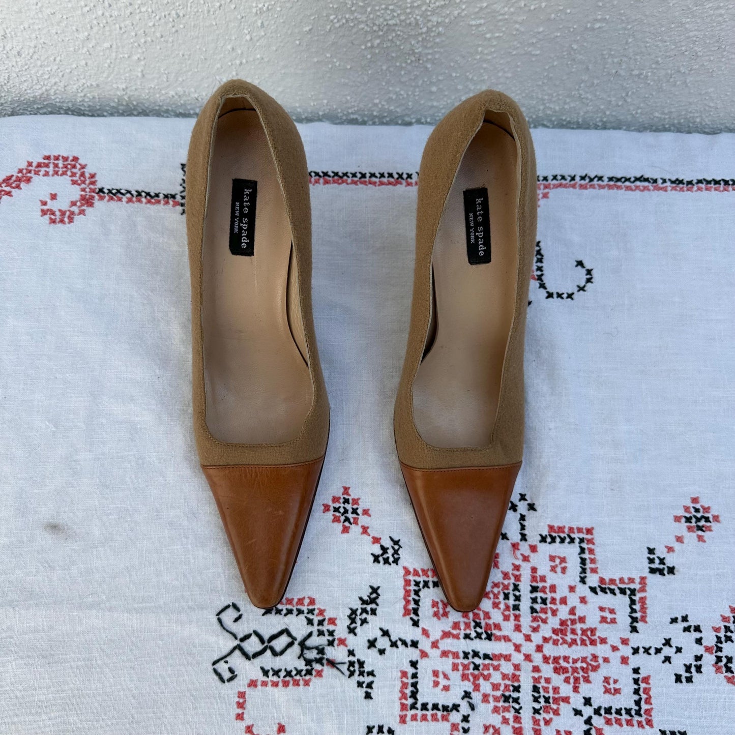 90s Kate Spade Brushed Wool and Leather Pointy Heels 6