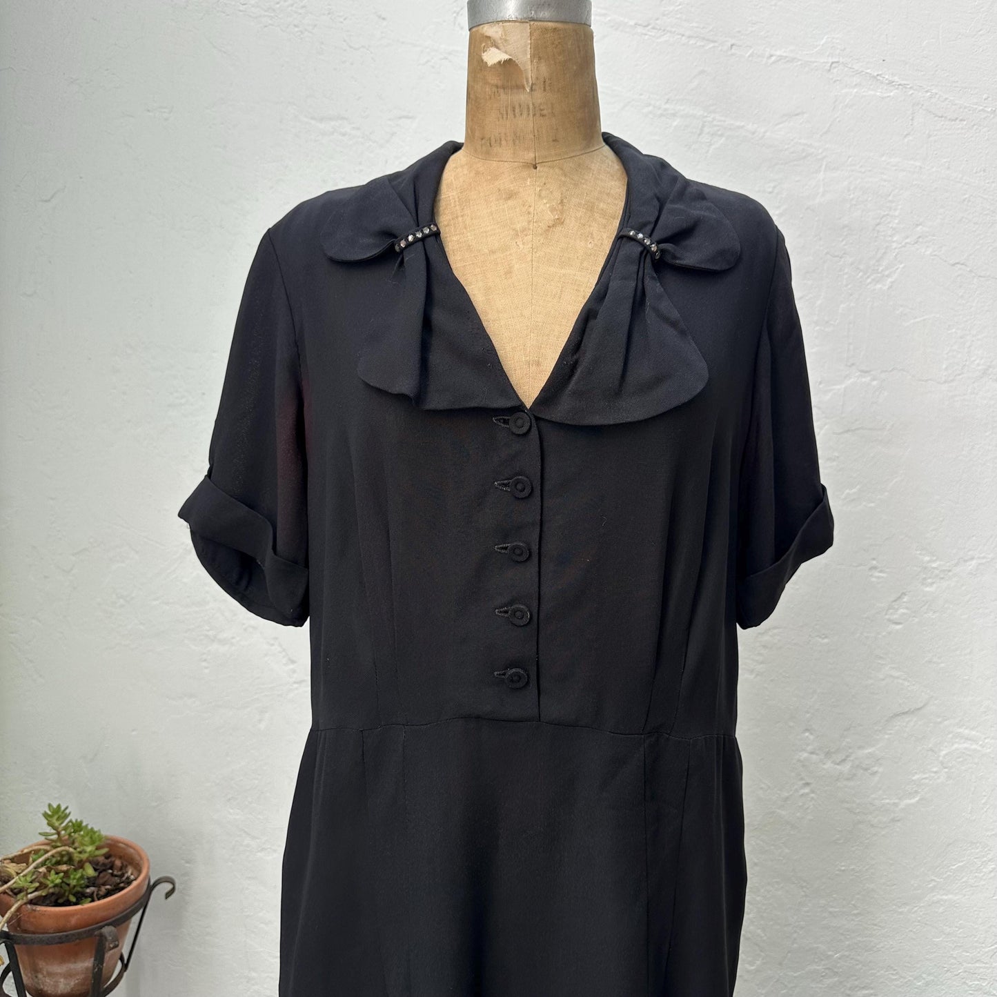 1940s Black Sheer Crepe Rayon Day Dress with Rhinestones XL