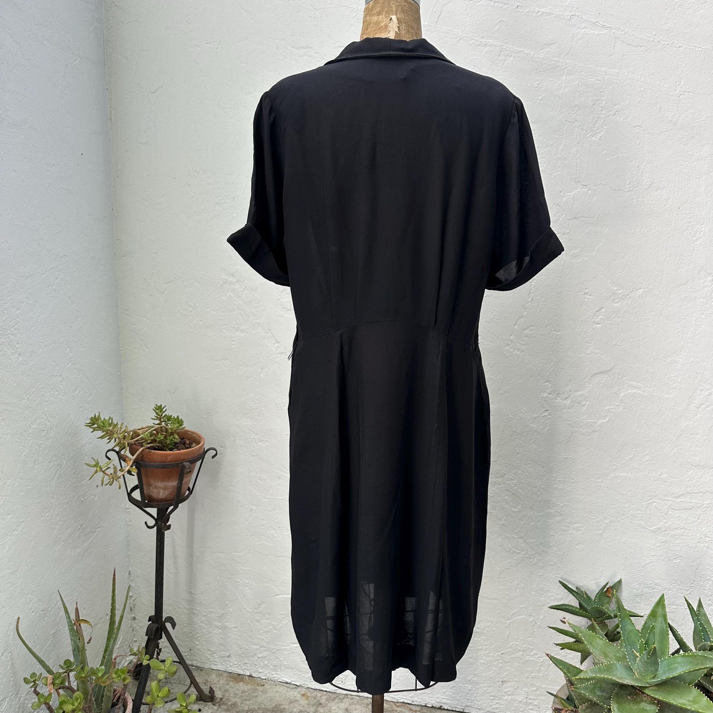 1940s Black Sheer Crepe Rayon Day Dress with Rhinestones XL