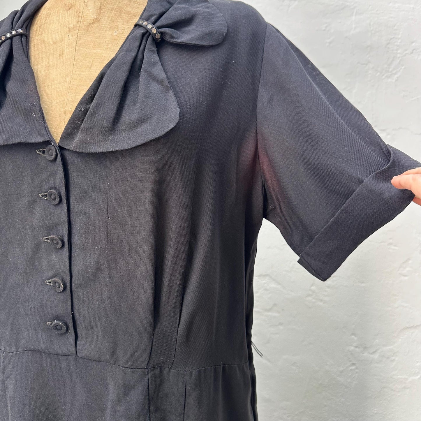 1940s Black Sheer Crepe Rayon Day Dress with Rhinestones XL
