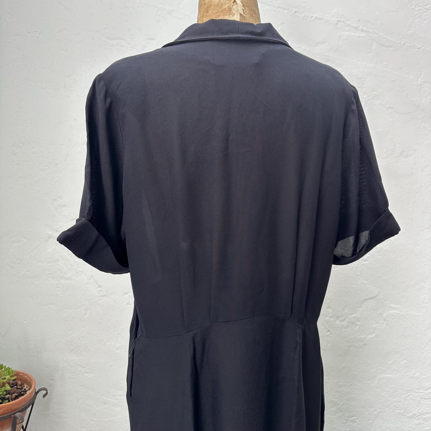 1940s Black Sheer Crepe Rayon Day Dress with Rhinestones XL