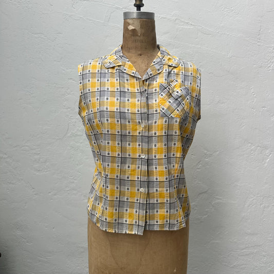 1950s Plaid Cotton Sleeveless Shell Button front Top