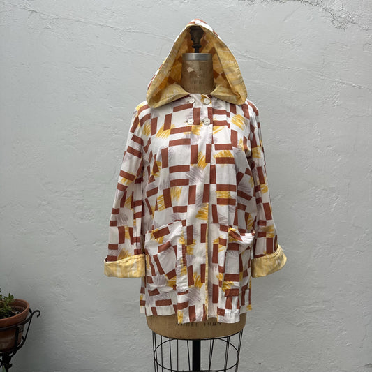 1940s Printed Cotton Hooded Beach Jacket with Big Pockets