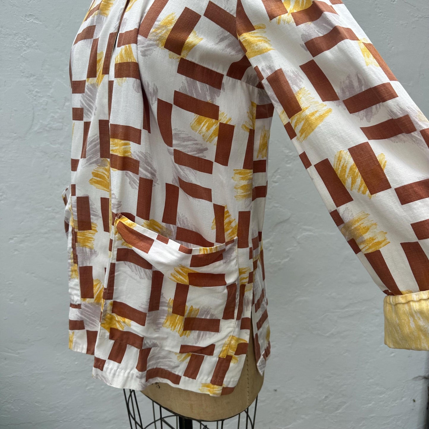 1940s Printed Cotton Hooded Beach Jacket with Big Pockets