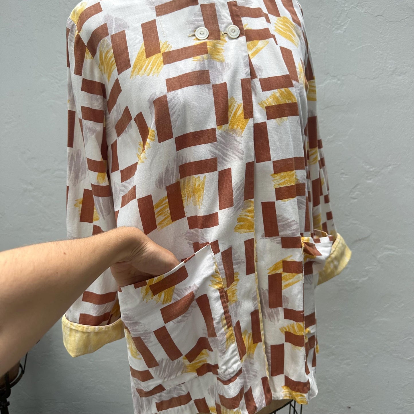 1940s Printed Cotton Hooded Beach Jacket with Big Pockets