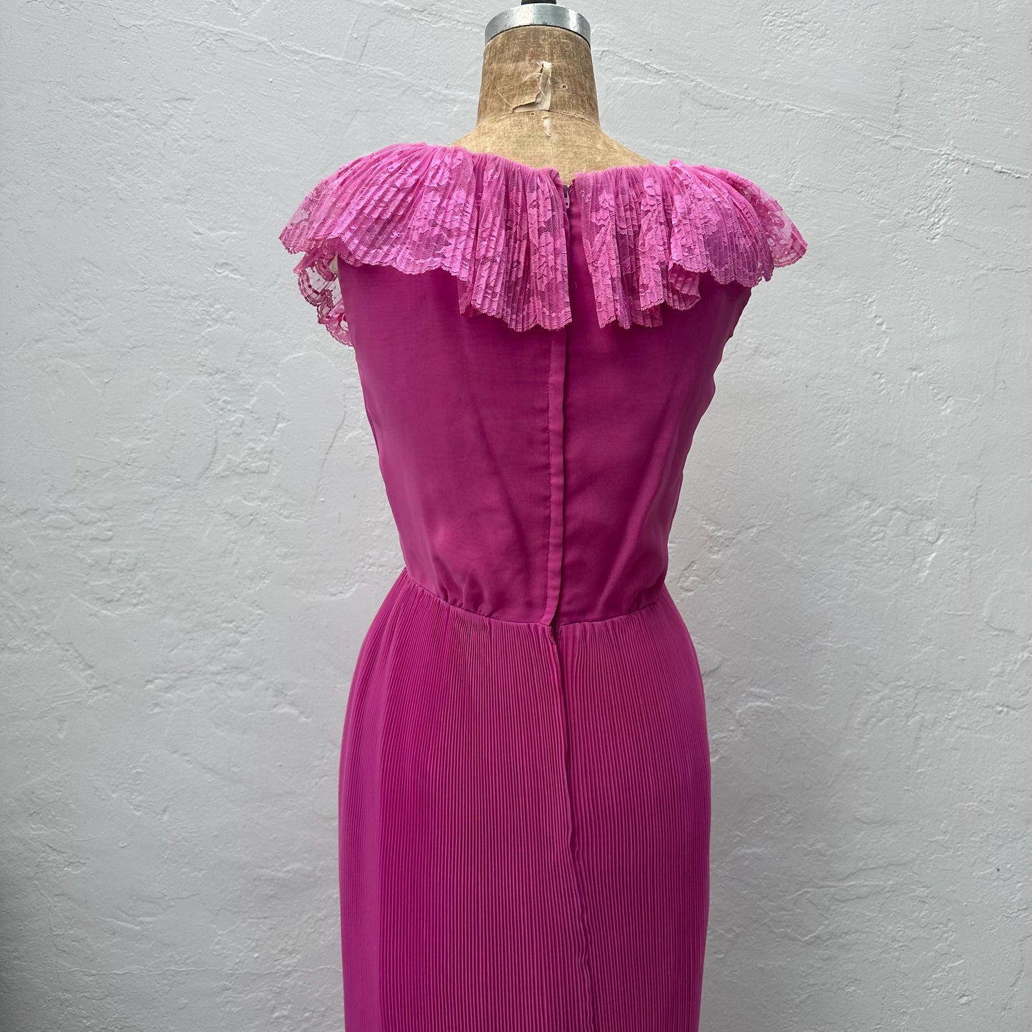 1970s Hot Pink Pleated Lace Trimmed Handmade Gown