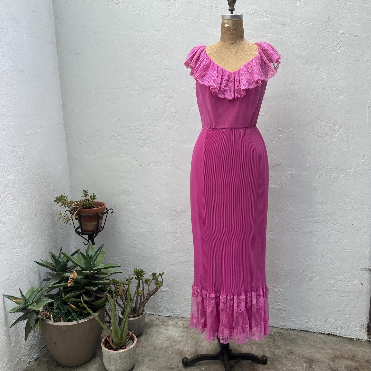 1970s Hot Pink Pleated Lace Trimmed Handmade Gown
