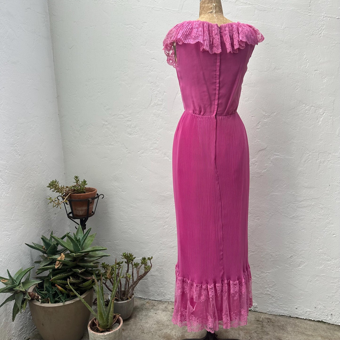 1970s Hot Pink Pleated Lace Trimmed Handmade Gown