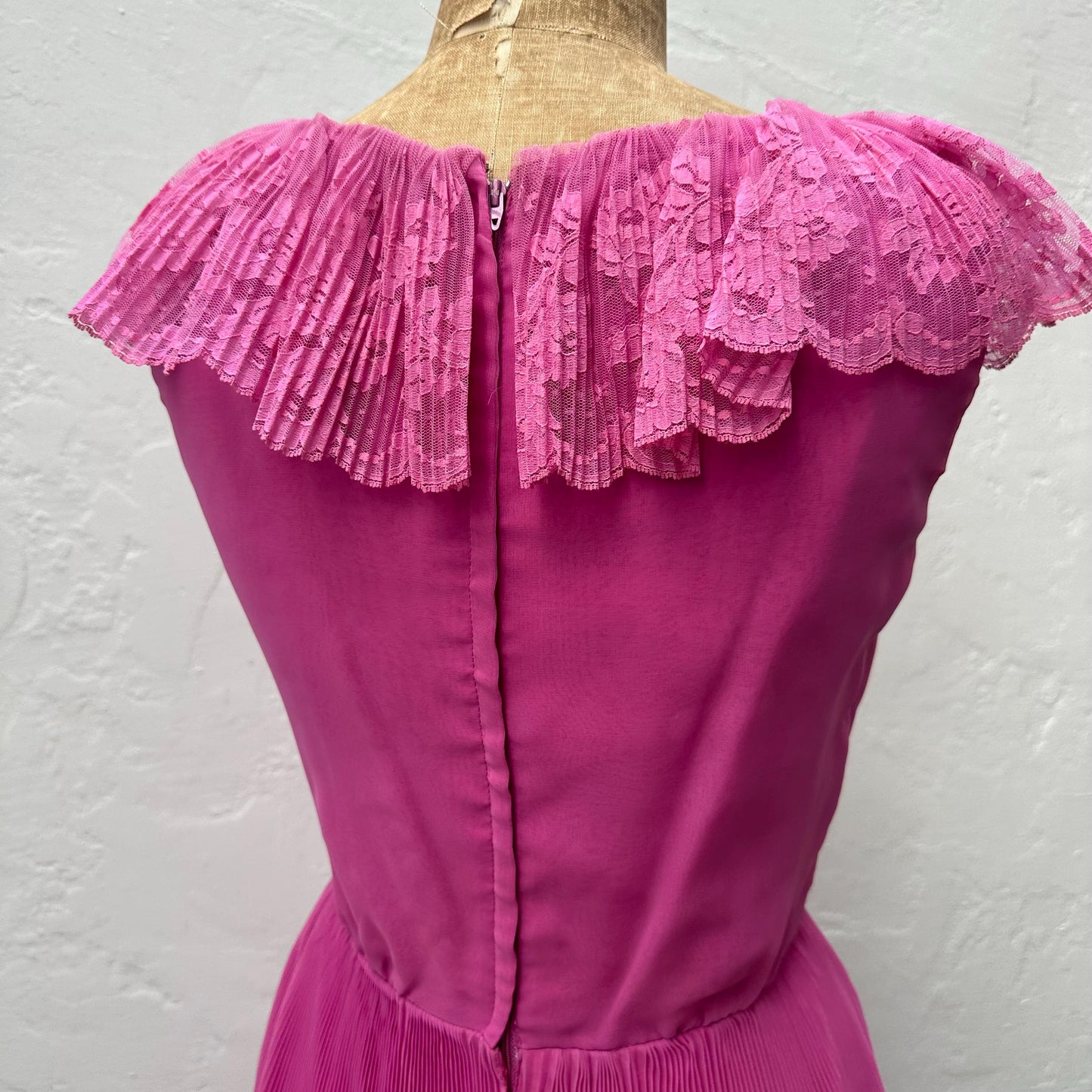 1970s Hot Pink Pleated Lace Trimmed Handmade Gown