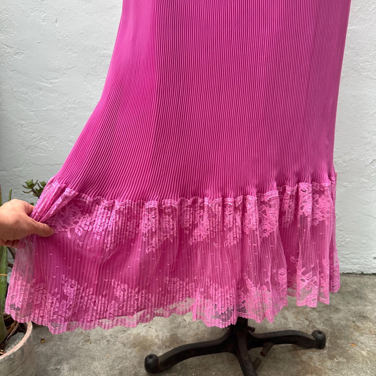 1970s Hot Pink Pleated Lace Trimmed Handmade Gown