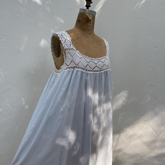 Victorian Cotton Blue Dress with White Crochet Yoke
