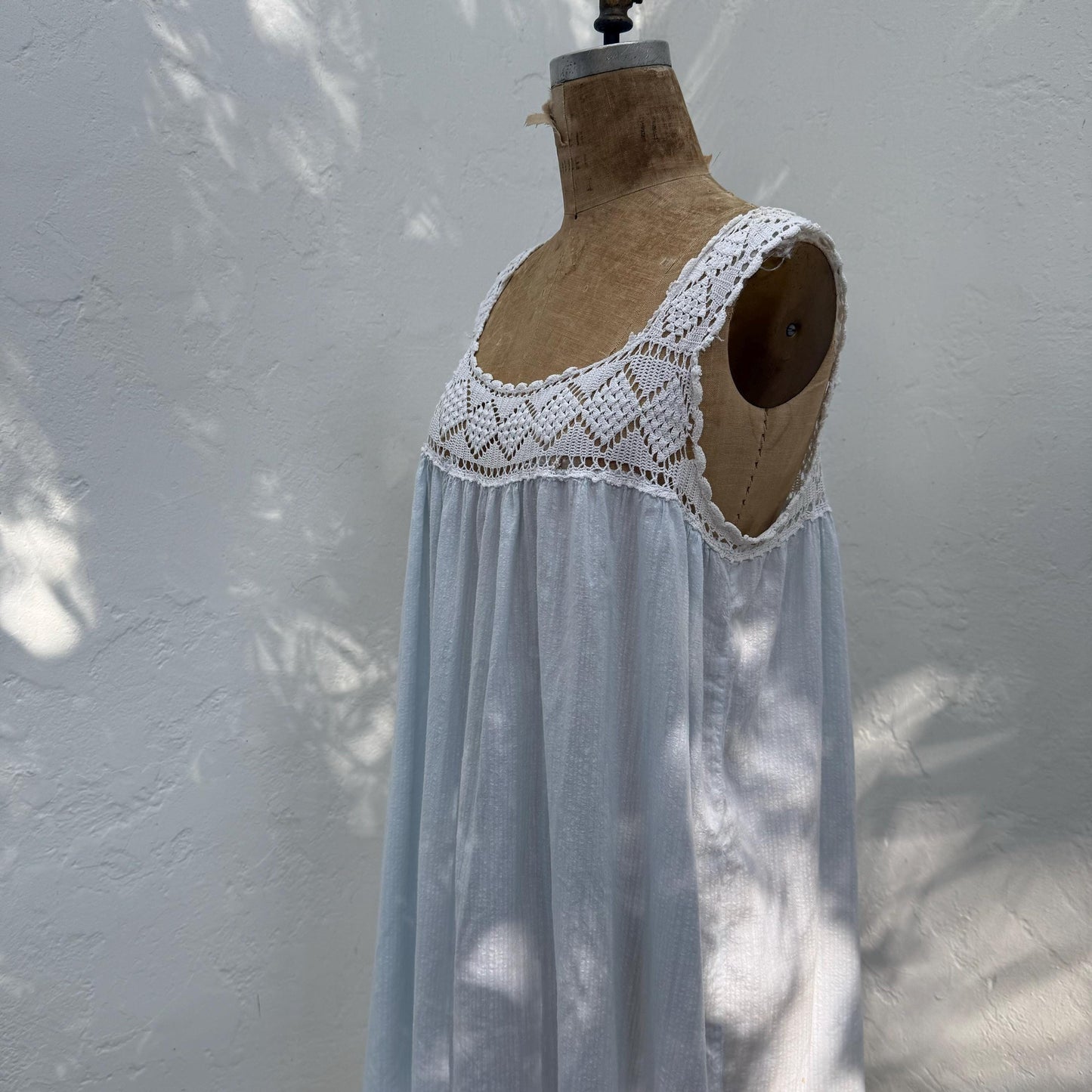 Victorian Cotton Blue Dress with White Crochet Yoke
