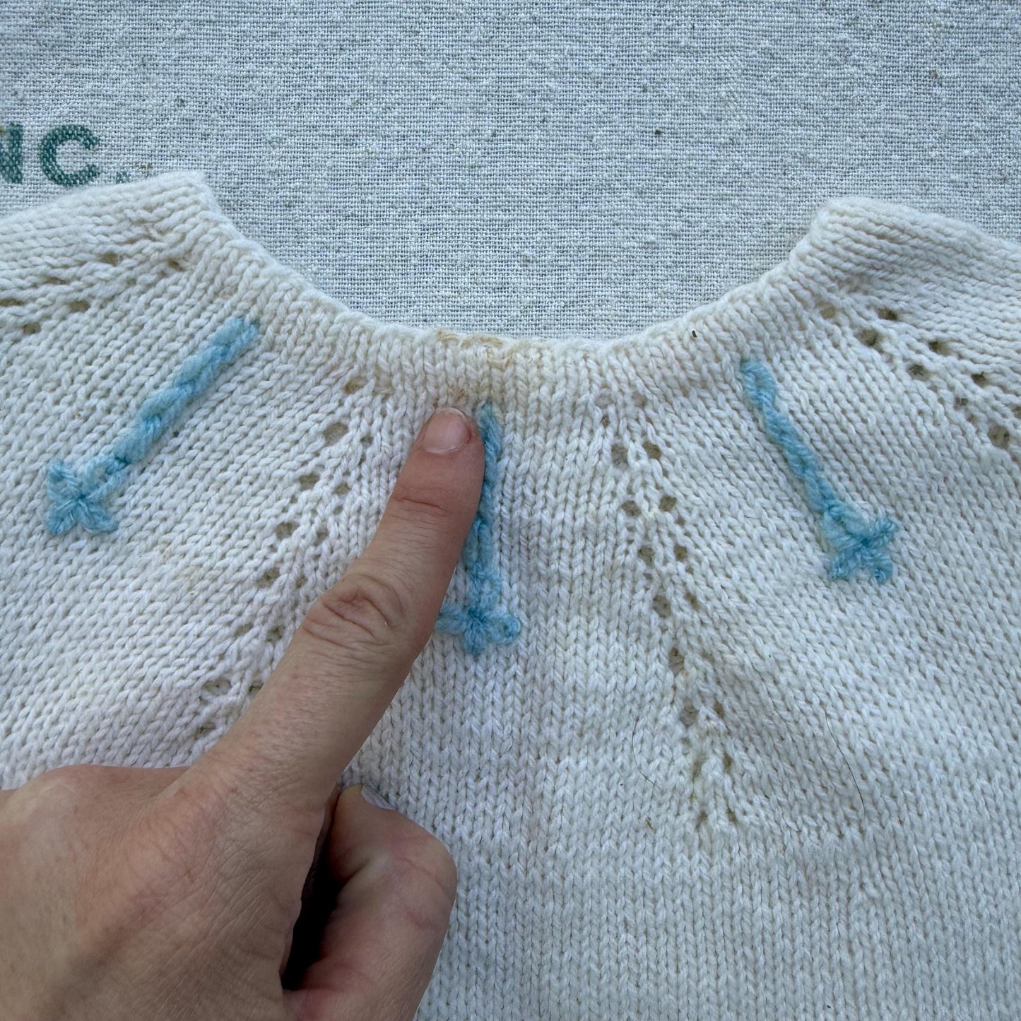 1940s Girls Hand Knit Cream Dress with Blue Trim