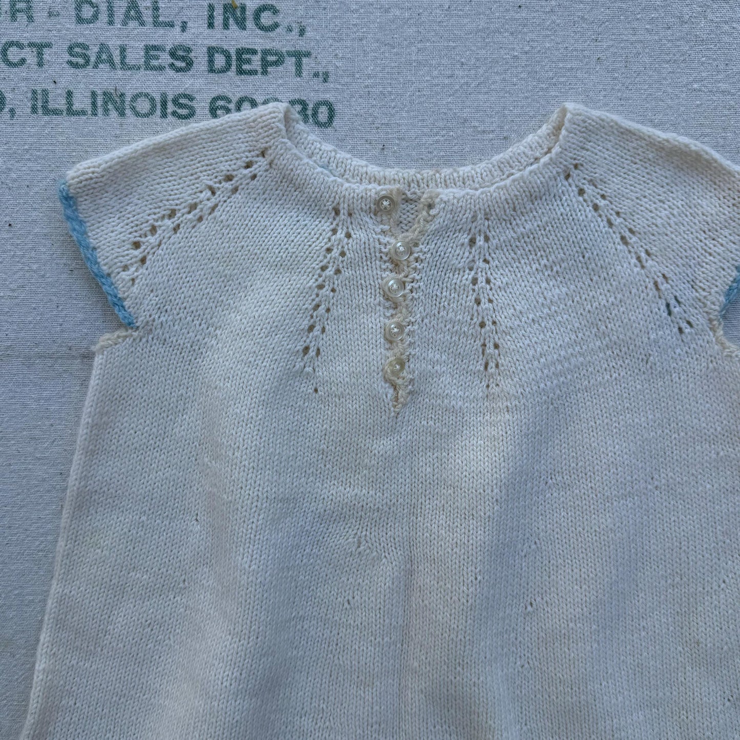 1940s Girls Hand Knit Cream Dress with Blue Trim