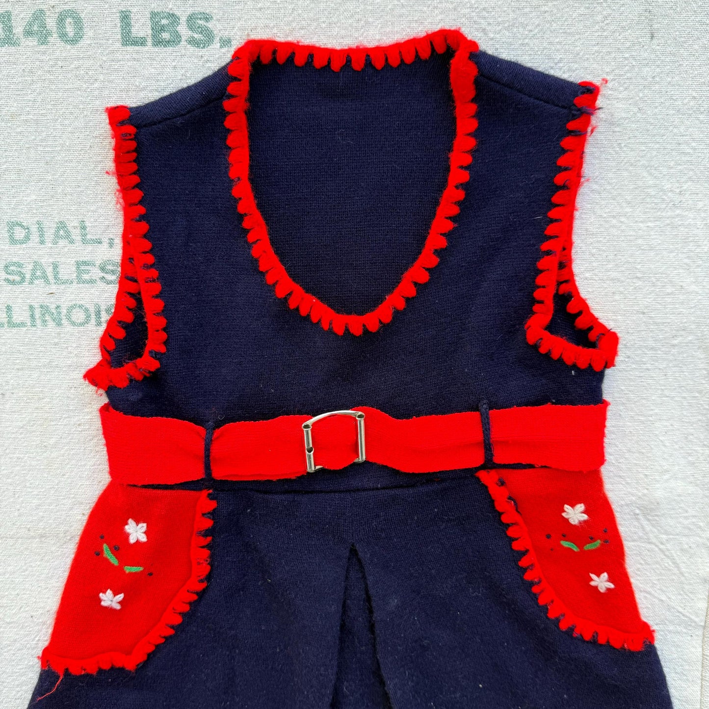 1940s Girls Hand Knit Navy Embroidered Dress with Buckle