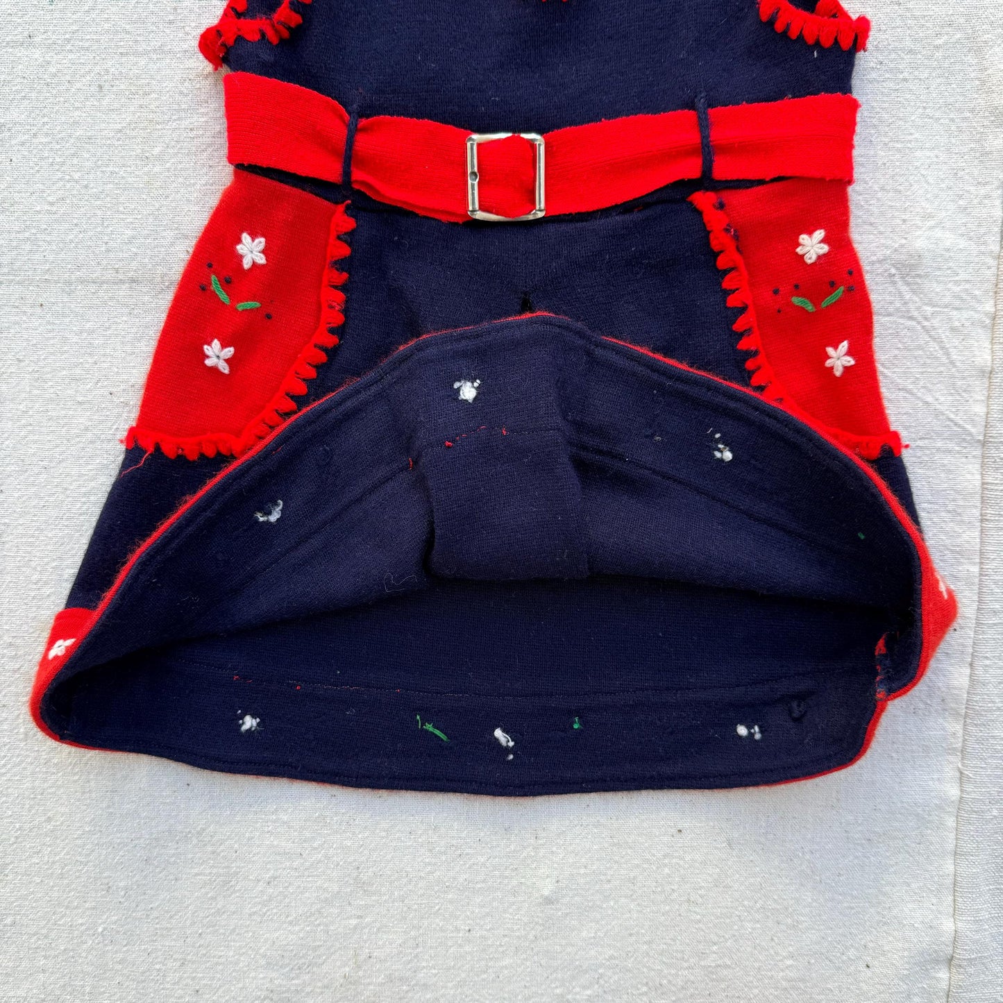 1940s Girls Hand Knit Navy Embroidered Dress with Buckle