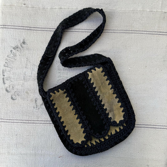 1970s Handmade Woven Suede Hippie Bag