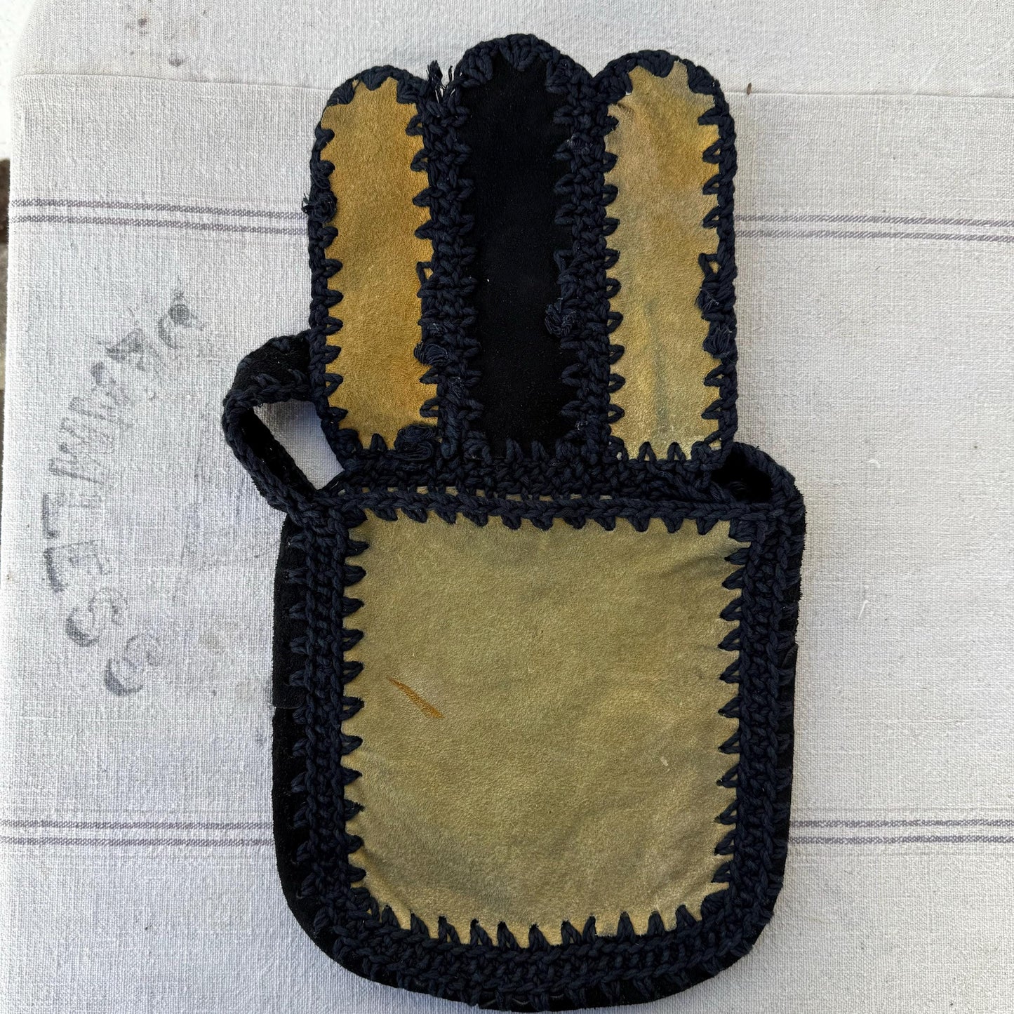 1970s Handmade Woven Suede Hippie Bag