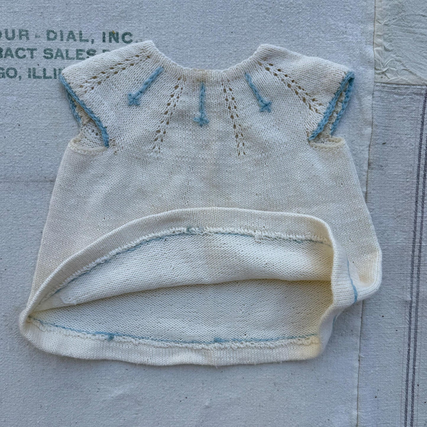 1940s Girls Hand Knit Cream Dress with Blue Trim