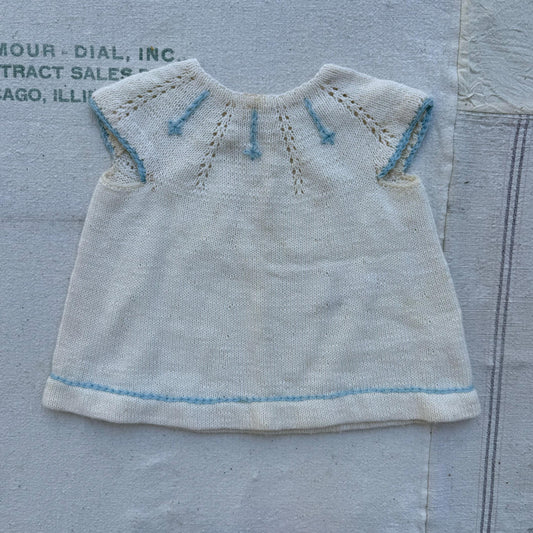 1940s Girls Hand Knit Cream Dress with Blue Trim