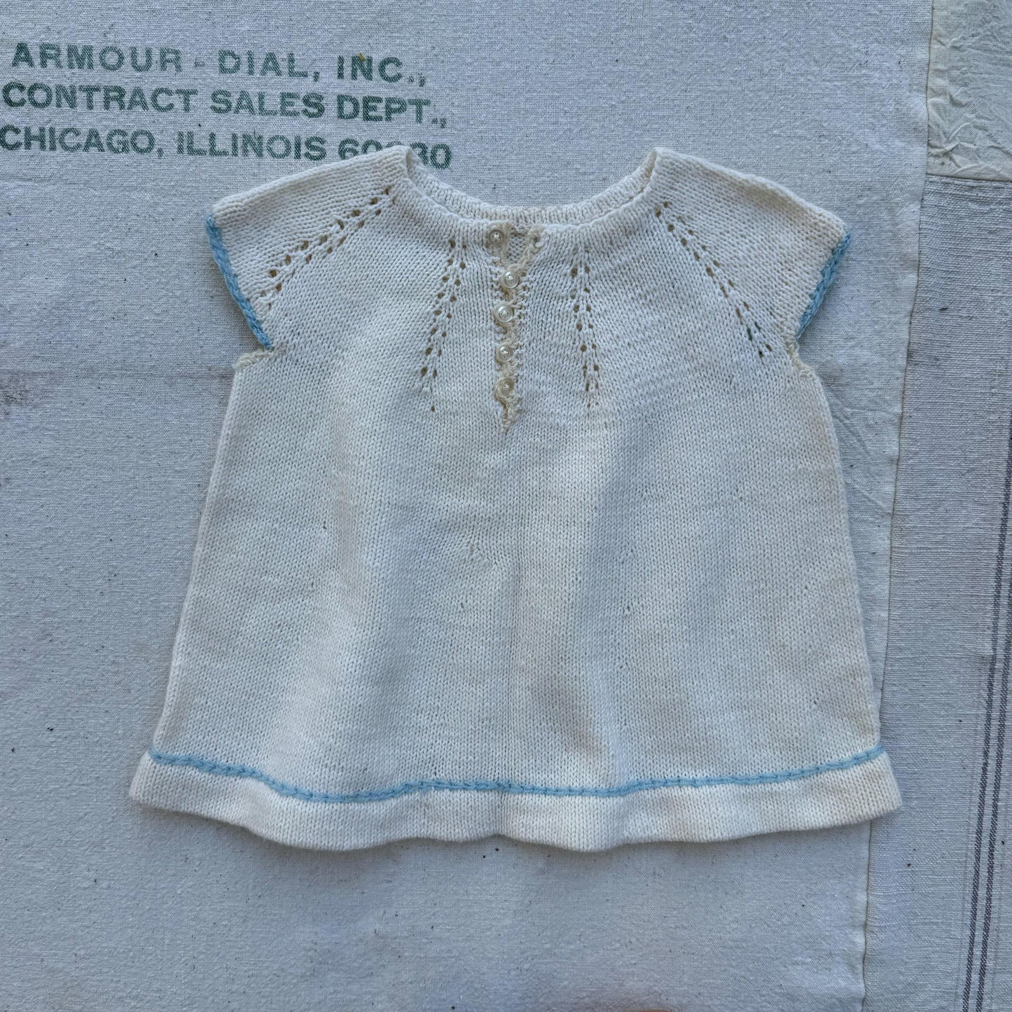 1940s Girls Hand Knit Cream Dress with Blue Trim