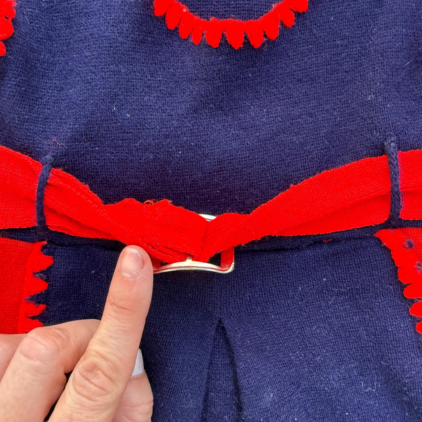 1940s Girls Hand Knit Navy Embroidered Dress with Buckle