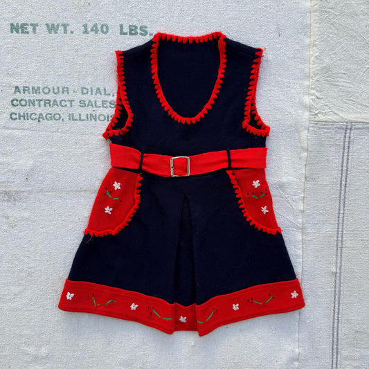 1940s Girls Hand Knit Navy Embroidered Dress with Buckle