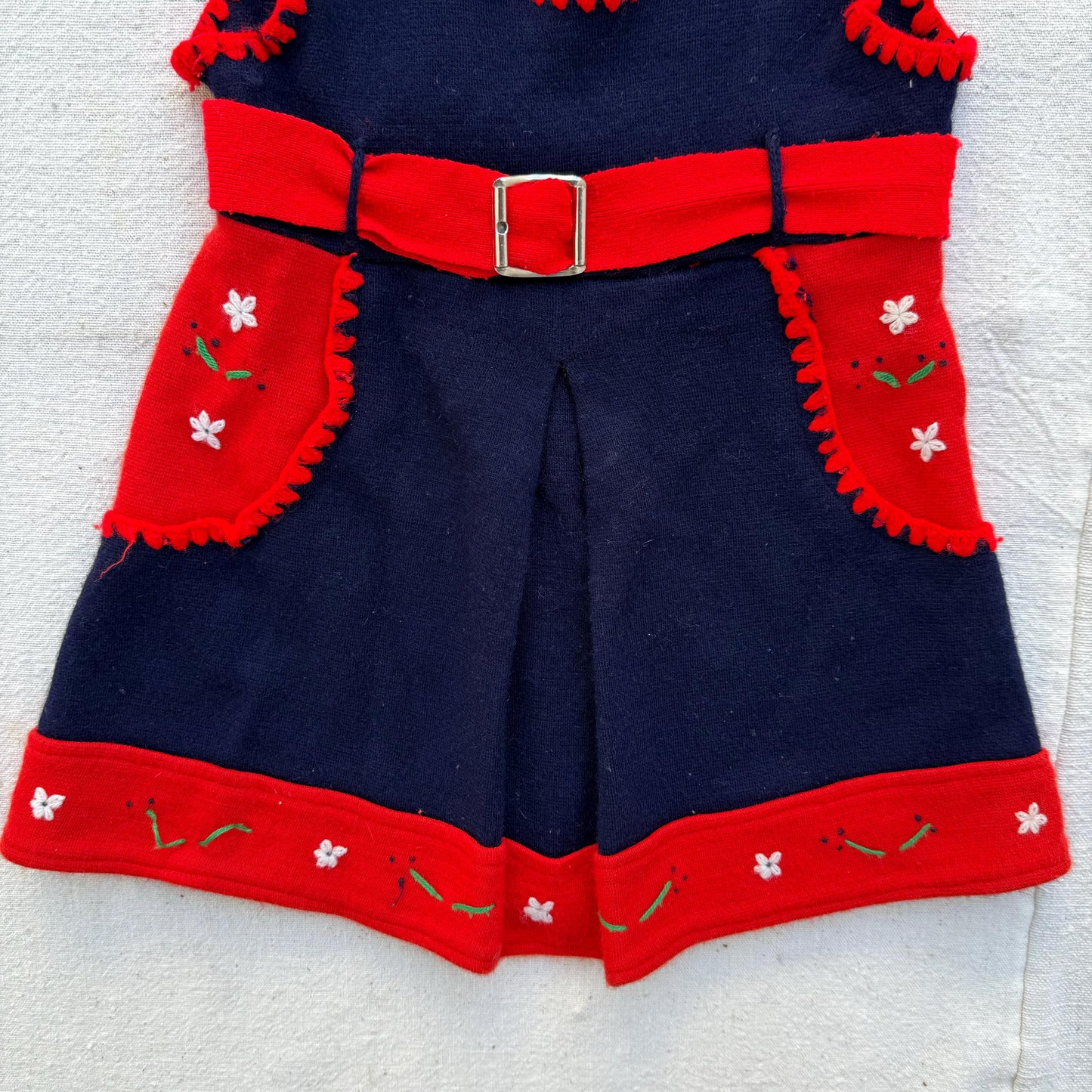 1940s Girls Hand Knit Navy Embroidered Dress with Buckle