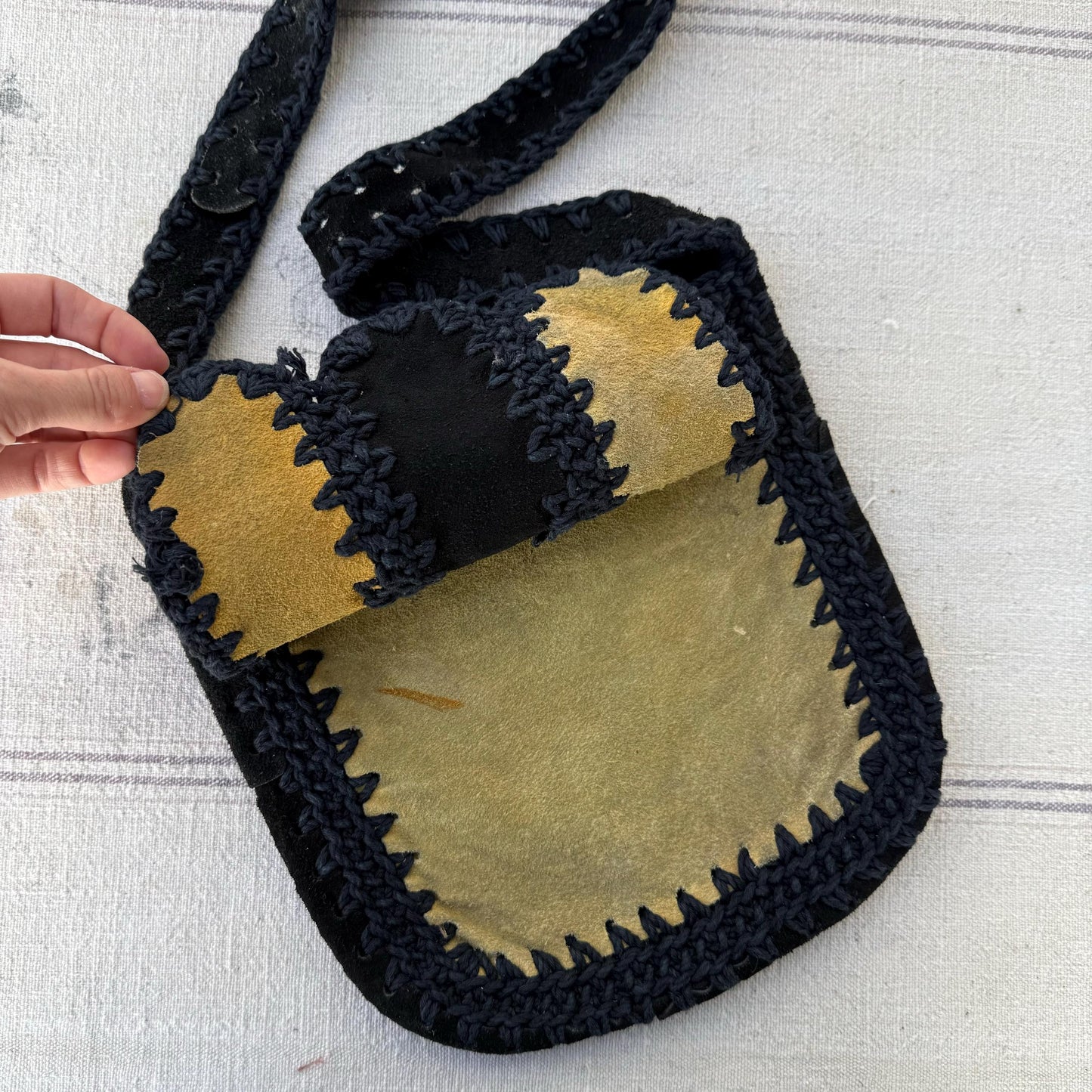1970s Handmade Woven Suede Hippie Bag