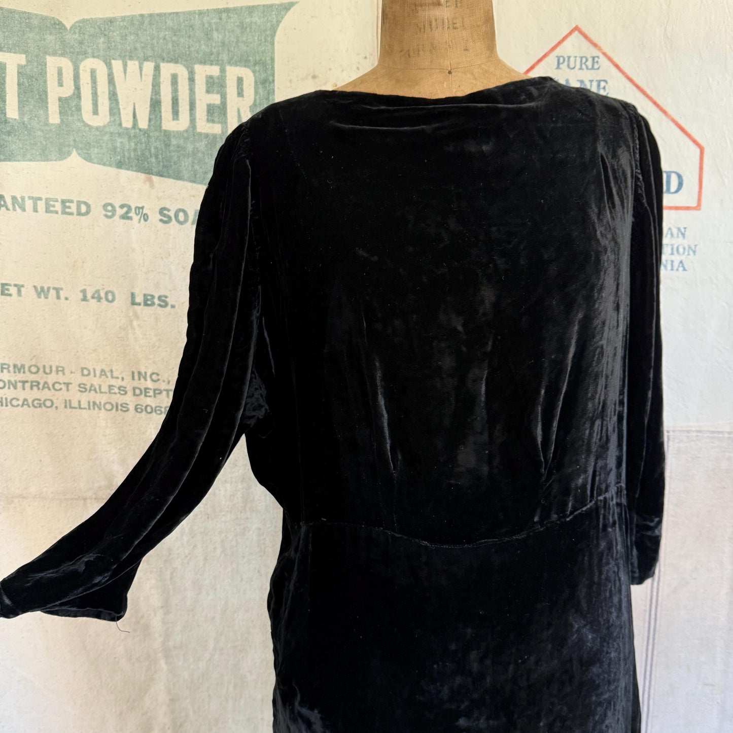 1920s Black Velvet Cowl Neck Gown