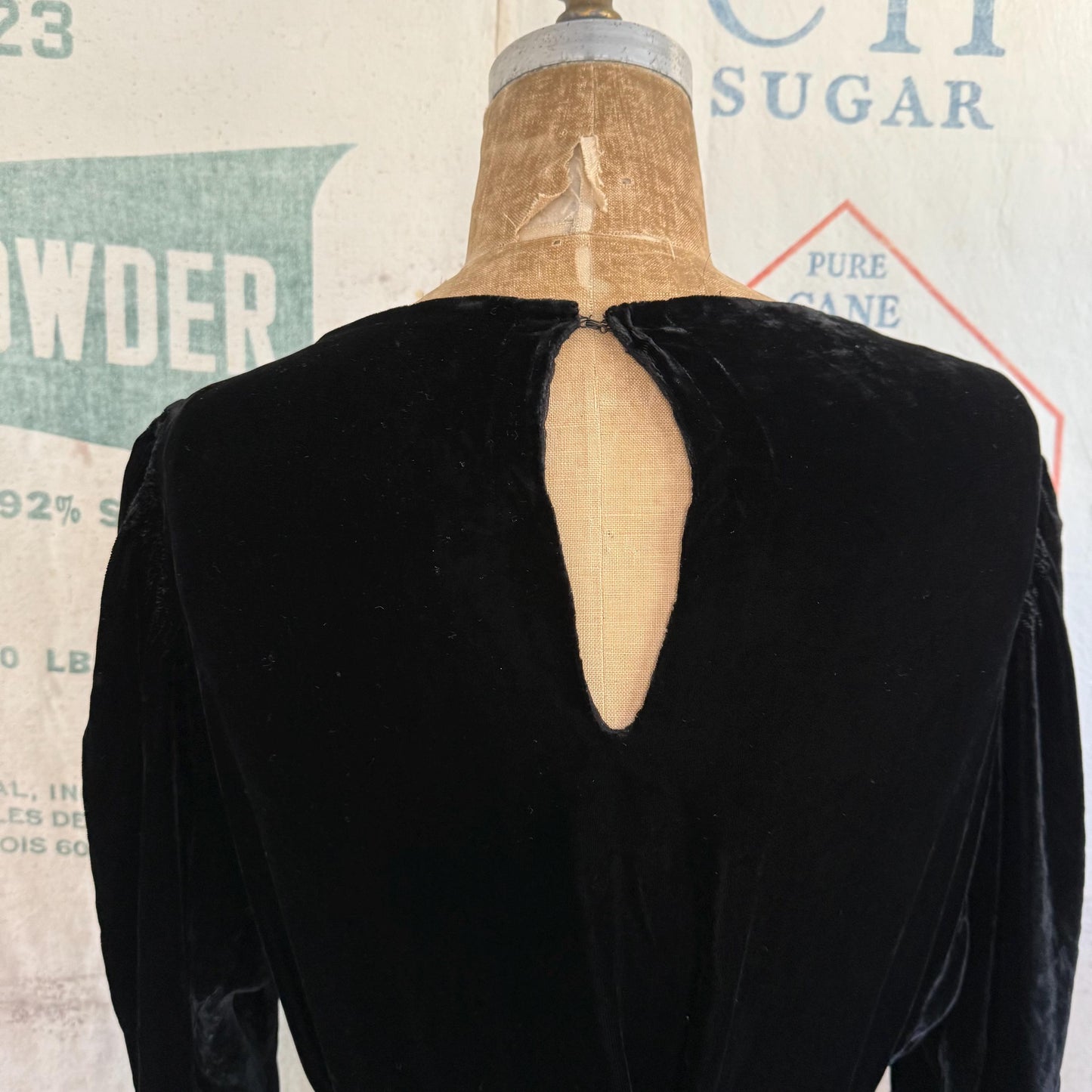 1920s Black Velvet Cowl Neck Gown