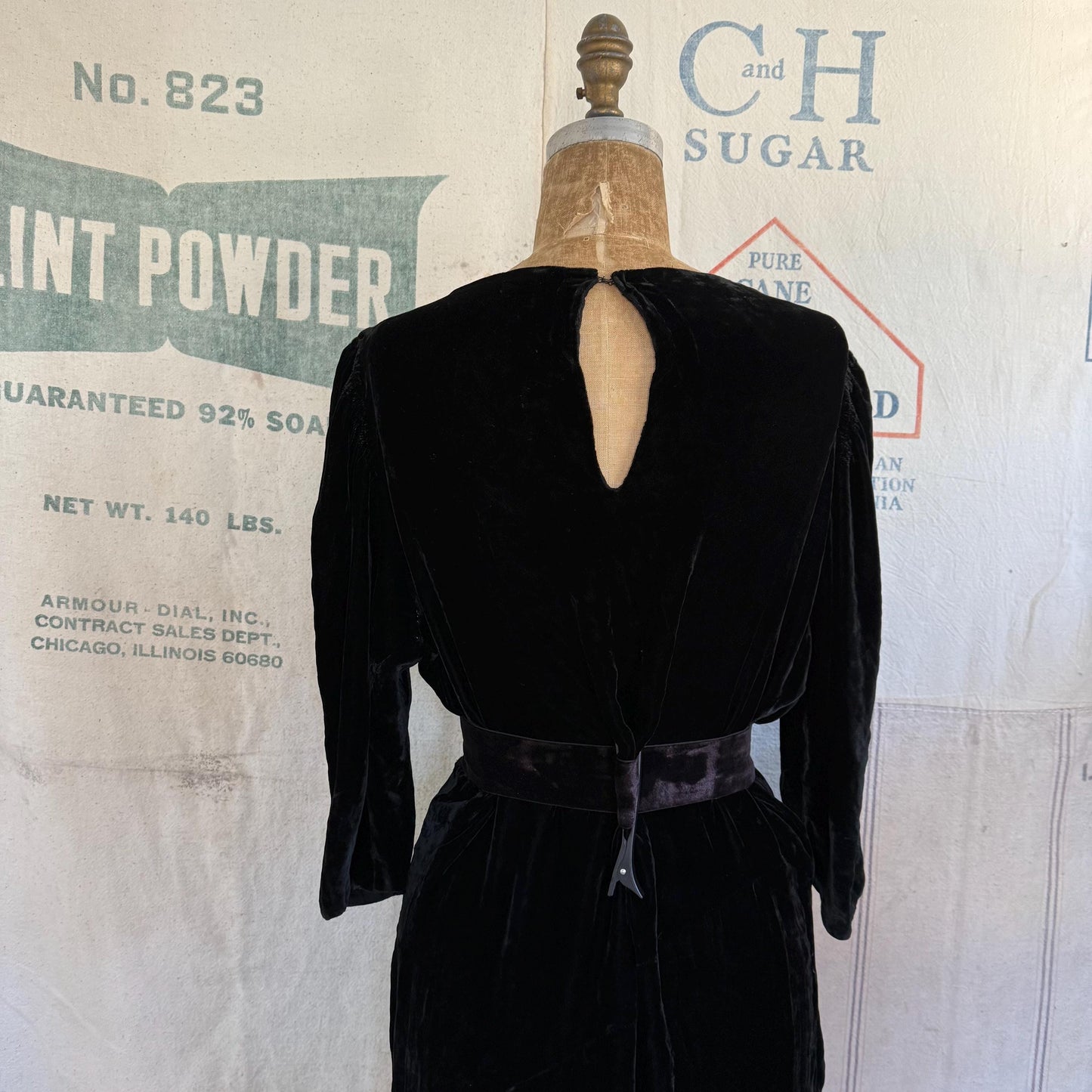 1920s Black Velvet Cowl Neck Gown