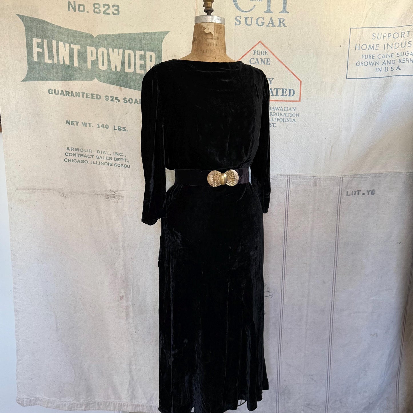 1920s Black Velvet Cowl Neck Gown