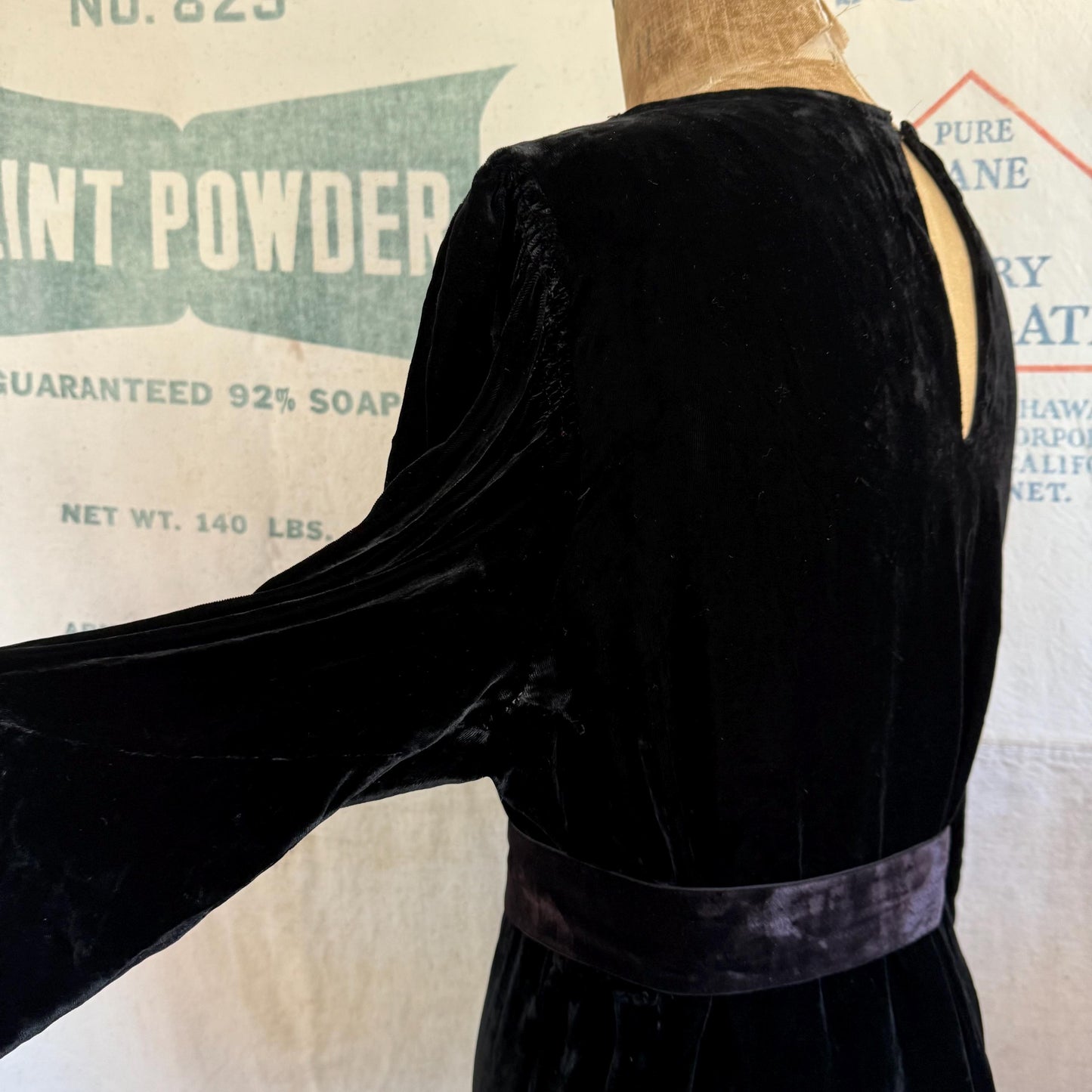 1920s Black Velvet Cowl Neck Gown