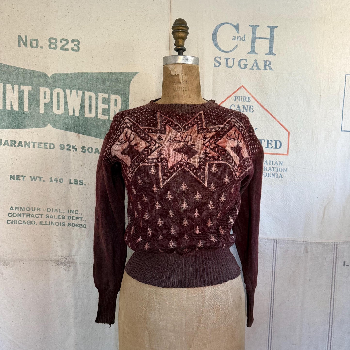 1940s Campus Reindeer Christmas Trees Wool Fair Isle Sweater