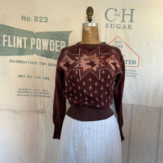 1940s Campus Reindeer Christmas Trees Wool Fair Isle Sweater