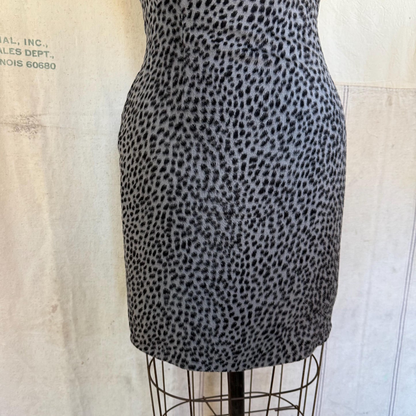 90s Moschino Gray Faux Fur Leopard Print Dress